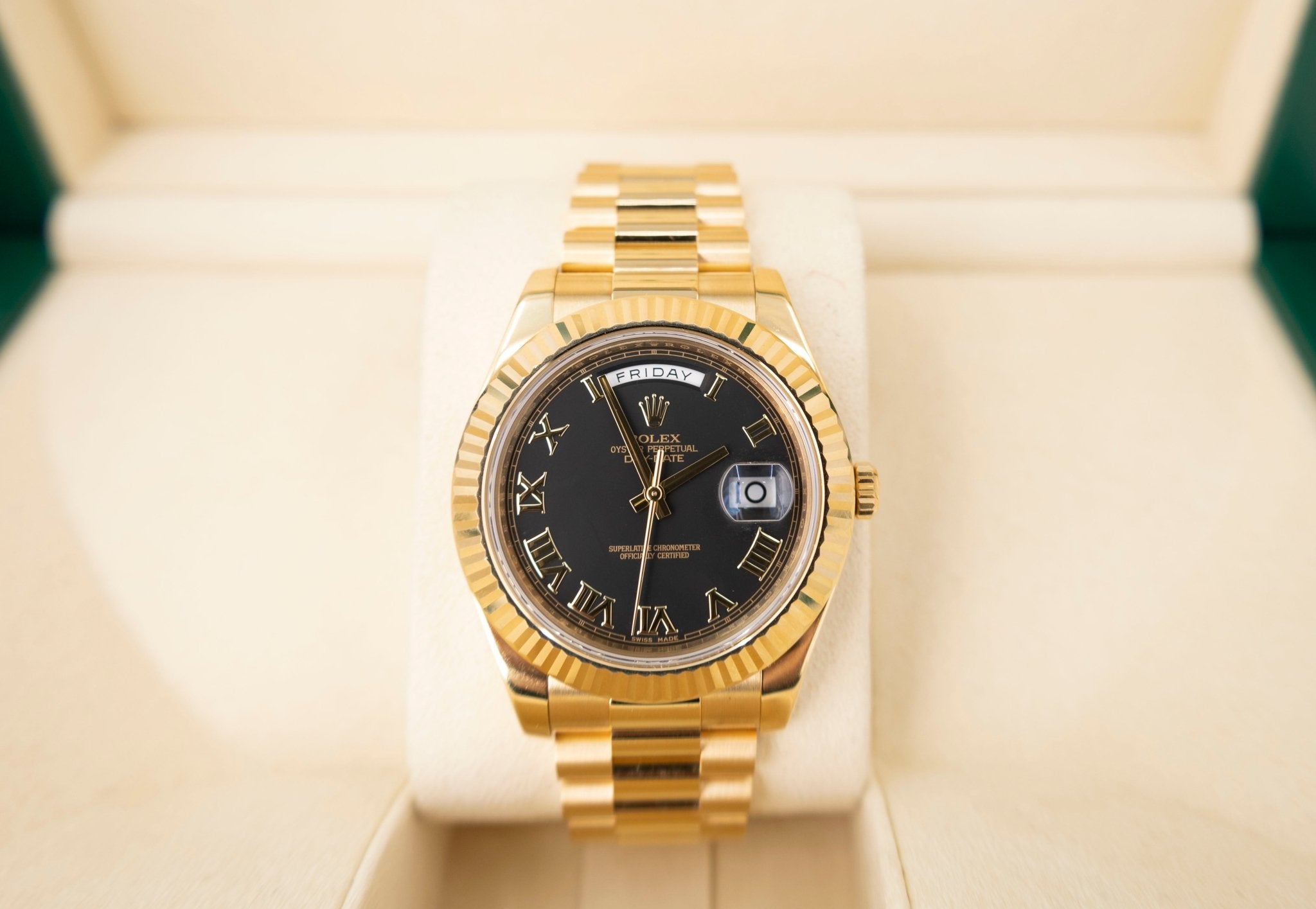 Rolex Day-Date II Yellow Gold 41mm Black Roman Fluted President Bracelet 218238 - Luxury Time NYC